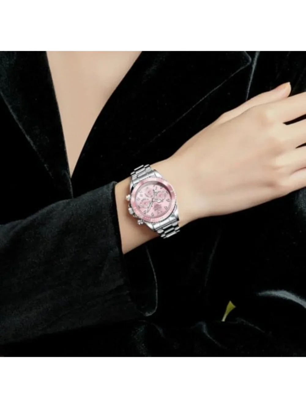 Ladies Diamond Chronograph Watch Stainless Steel Analog Waterproof Luminous Day